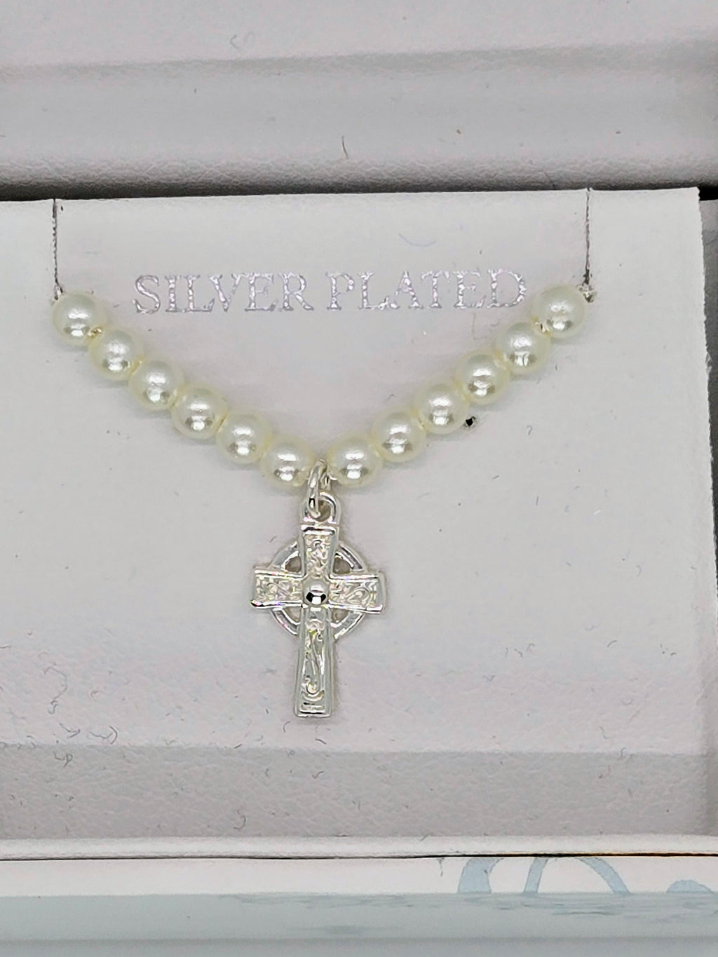 NWT Little Tara Childrens Silver Plated Celtic Cross Pearl Necklace