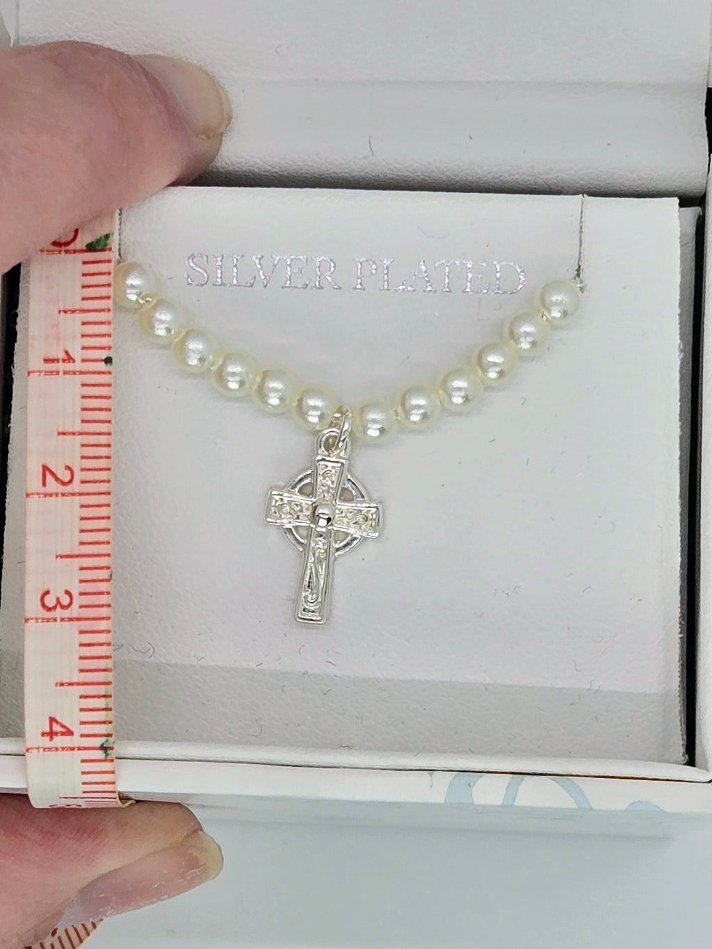 NWT Little Tara Childrens Silver Plated Celtic Cross Pearl Necklace