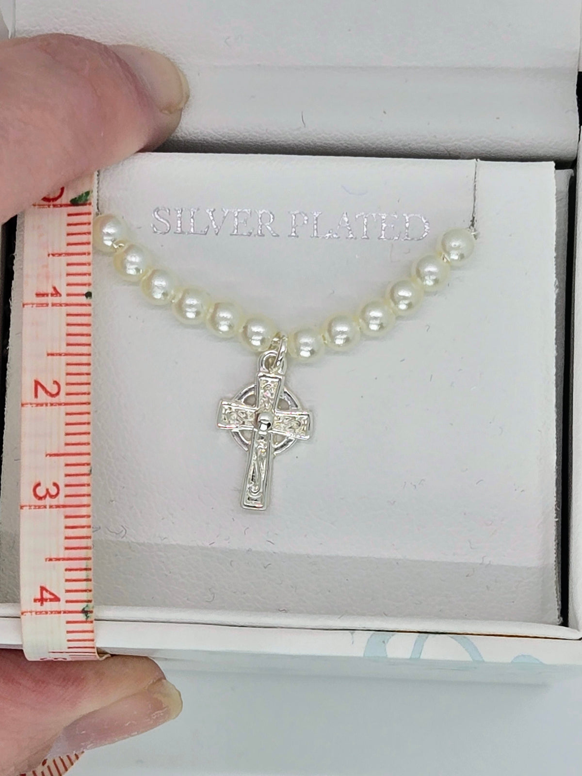 NWT Little Tara Childrens Silver Plated Celtic Cross Pearl Necklace