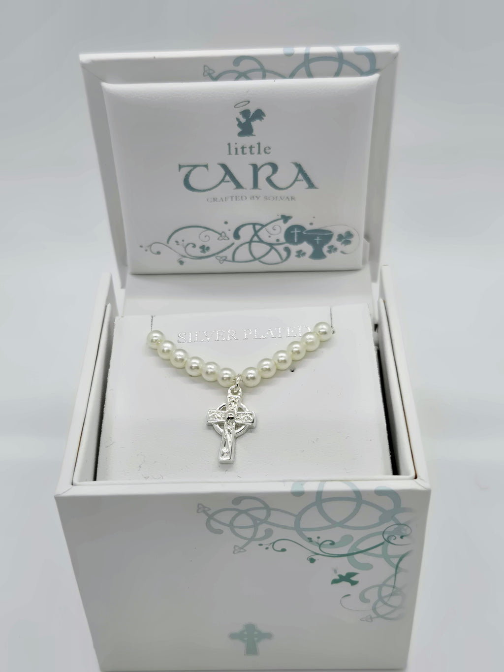 NWT Little Tara Childrens Silver Plated Celtic Cross Pearl Necklace