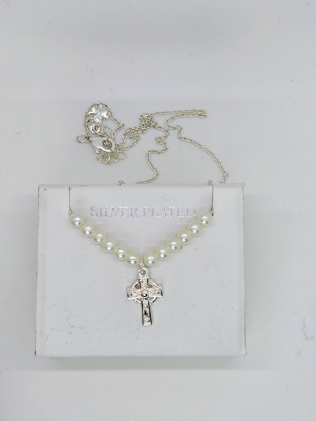 NWT Little Tara Childrens Silver Plated Celtic Cross Pearl Necklace