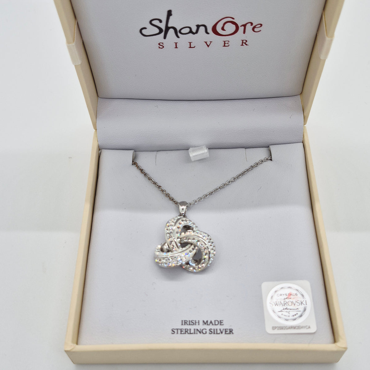 Sterling silver Swarovski Crystal Celtic Trinity knot necklace. New in box.