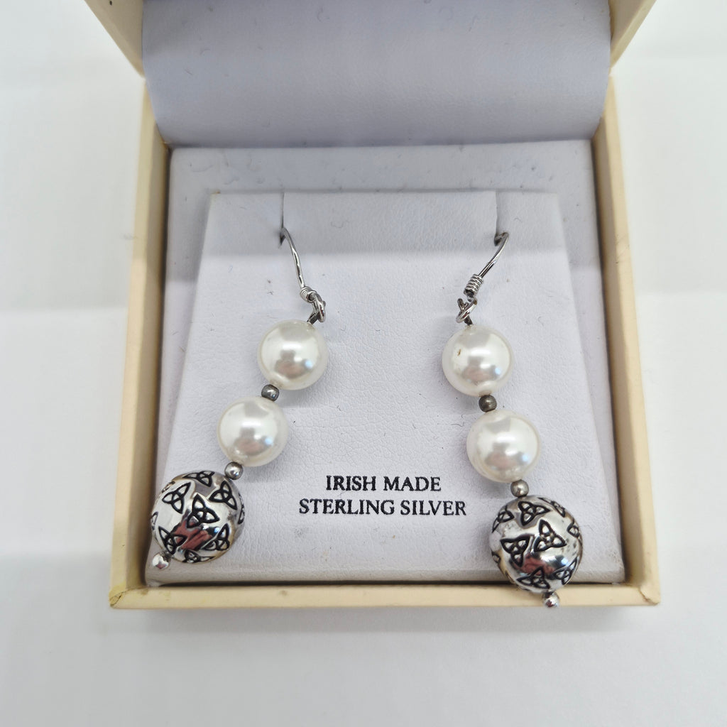 ShanOre Sterling Silver Trinity Knot & Pearl Drop Earrings – Irish Made - NWB