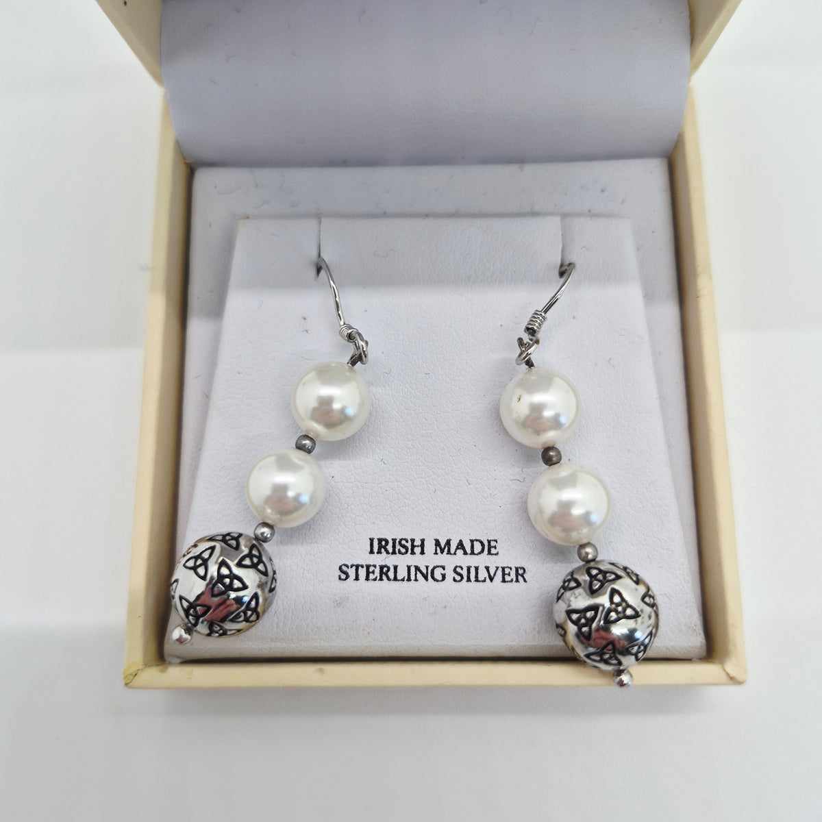 ShanOre Sterling Silver Trinity Knot & Pearl Drop Earrings – Irish Made - NWB