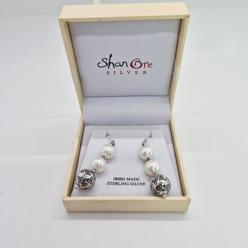 ShanOre Sterling Silver Trinity Knot & Pearl Drop Earrings – Irish Made - NWB
