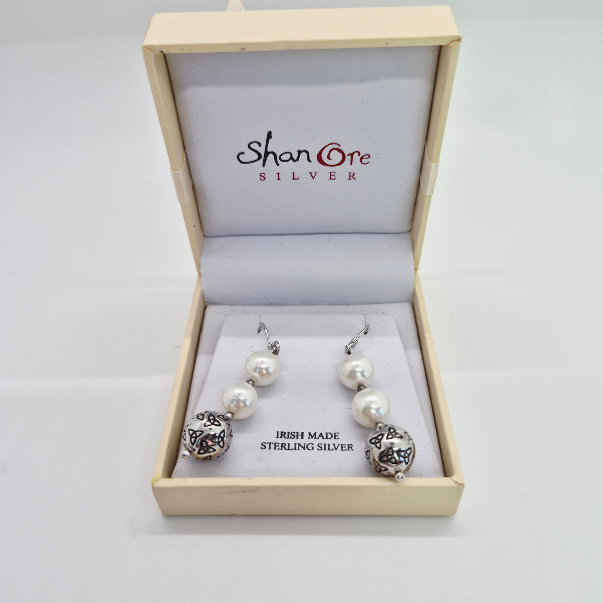 ShanOre Sterling Silver Trinity Knot & Pearl Drop Earrings – Irish Made - NWB