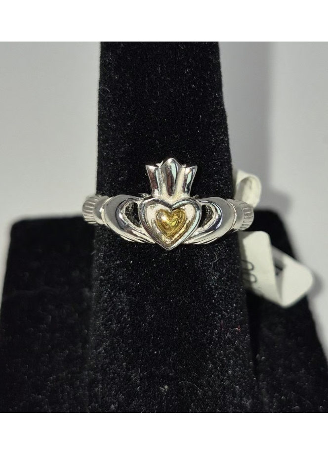 New Sterling Silver Claddagh Ring w/ Gold-Plated Heart • Size 5, 6.5, 8.5 & 9 Made in Ireland