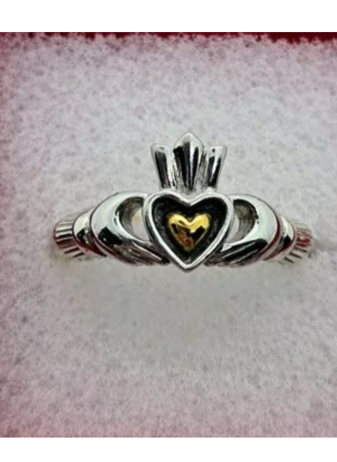 New Sterling Silver Claddagh Ring w/ Gold-Plated Heart • Size 5, 6.5, 8.5 & 9 Made in Ireland