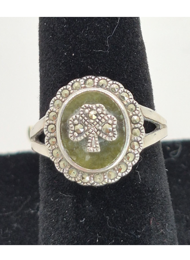 Solvar Connemara Marble & Marcasite Shamrock Ring Size 5, 7, 8- New
