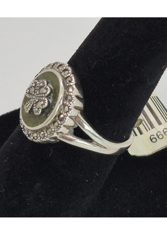 Solvar Connemara Marble & Marcasite Shamrock Ring Size 5, 7, 8- New