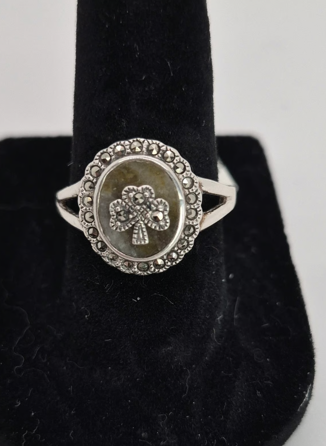 Solvar Connemara Marble & Marcasite Shamrock Ring Size 5, 7, 8- New