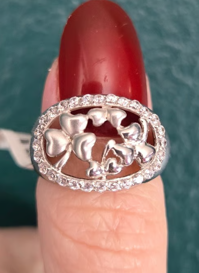 Sterling Silver Shamrock Ring – Size 5 - Matte & Glossy Finish with CZ Halo