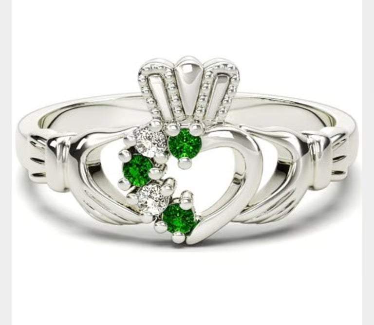 Shanore Sterling Silver Claddagh Ring Size 5.5 Green & Clear CZ NWT