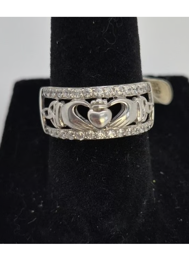 Sterling Silver Claddagh & Trinity Knot Openwork Band — Size 7 — With CZ