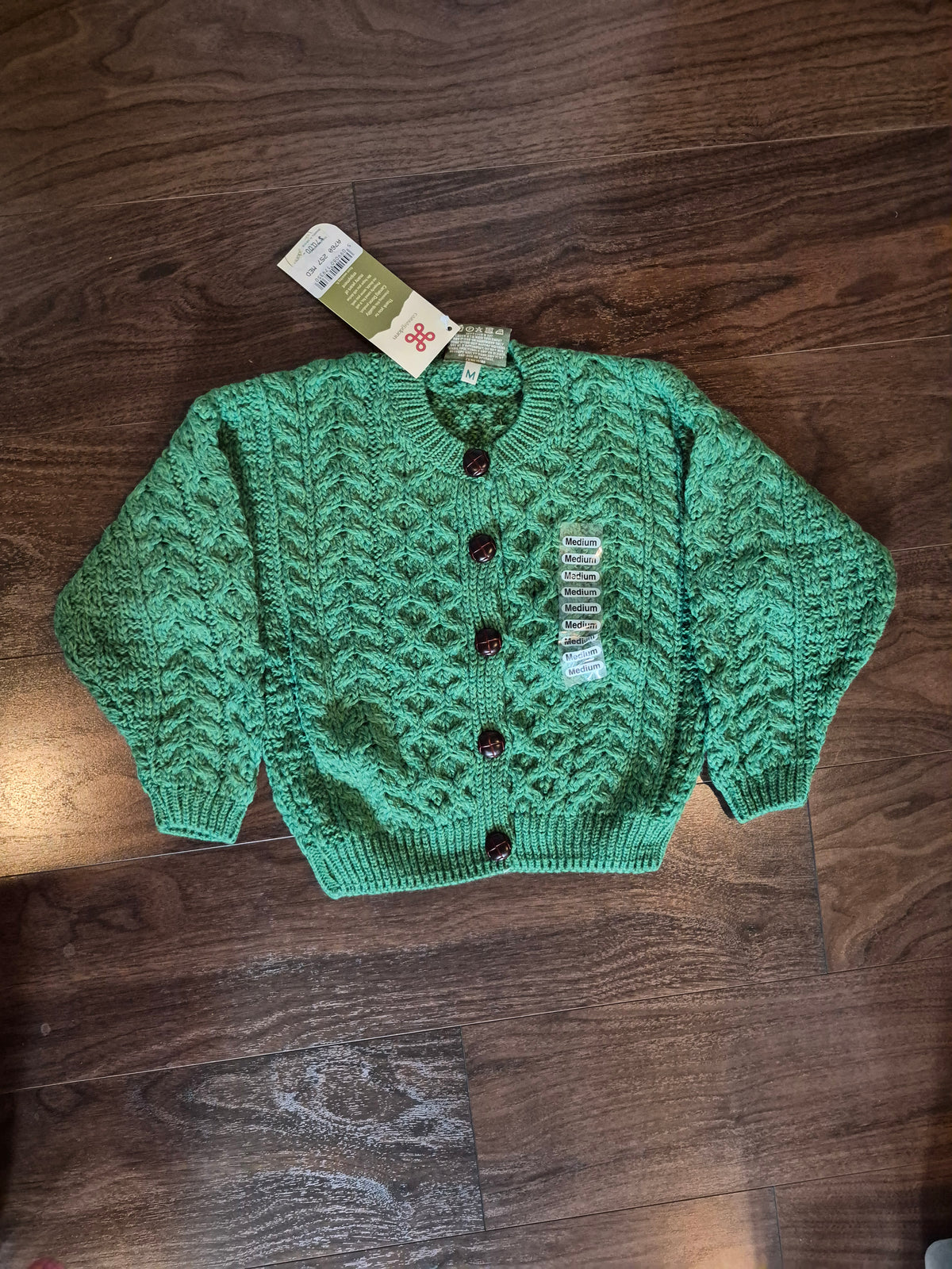Carraig Donn Kids Merino Wool Aran Cardigan Green Size Medium (5-6 Years) NWT