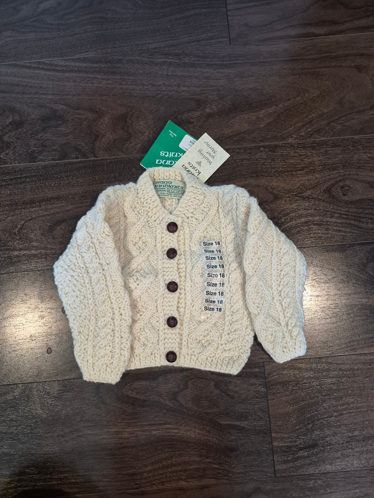 Crana Handknits Cream Cable Knit Cardigan Size 18 NWT Irish Pure Wool.
