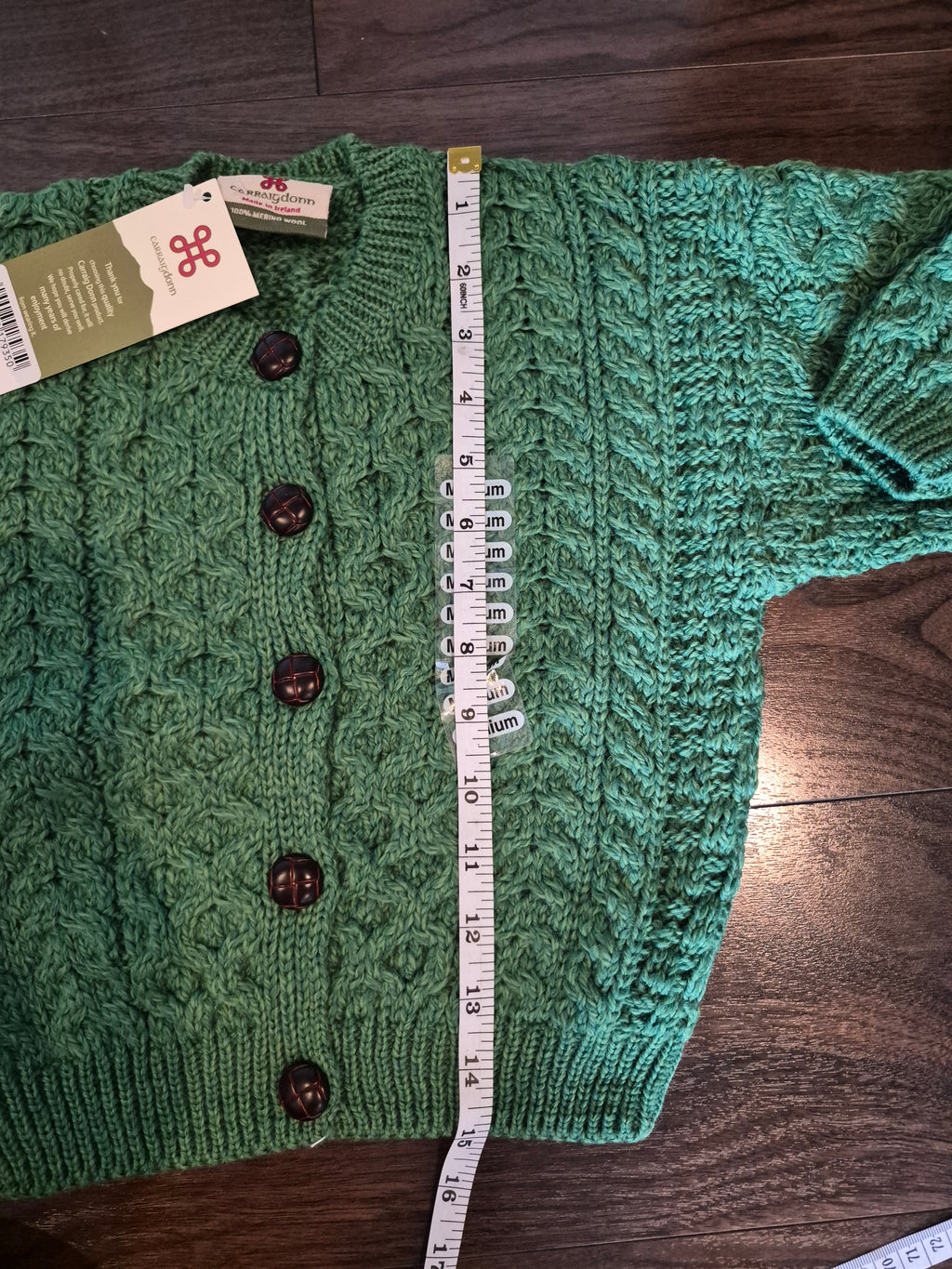 Carraig Donn Kids Merino Wool Aran Cardigan Green Size Medium (5-6 Years) NWT