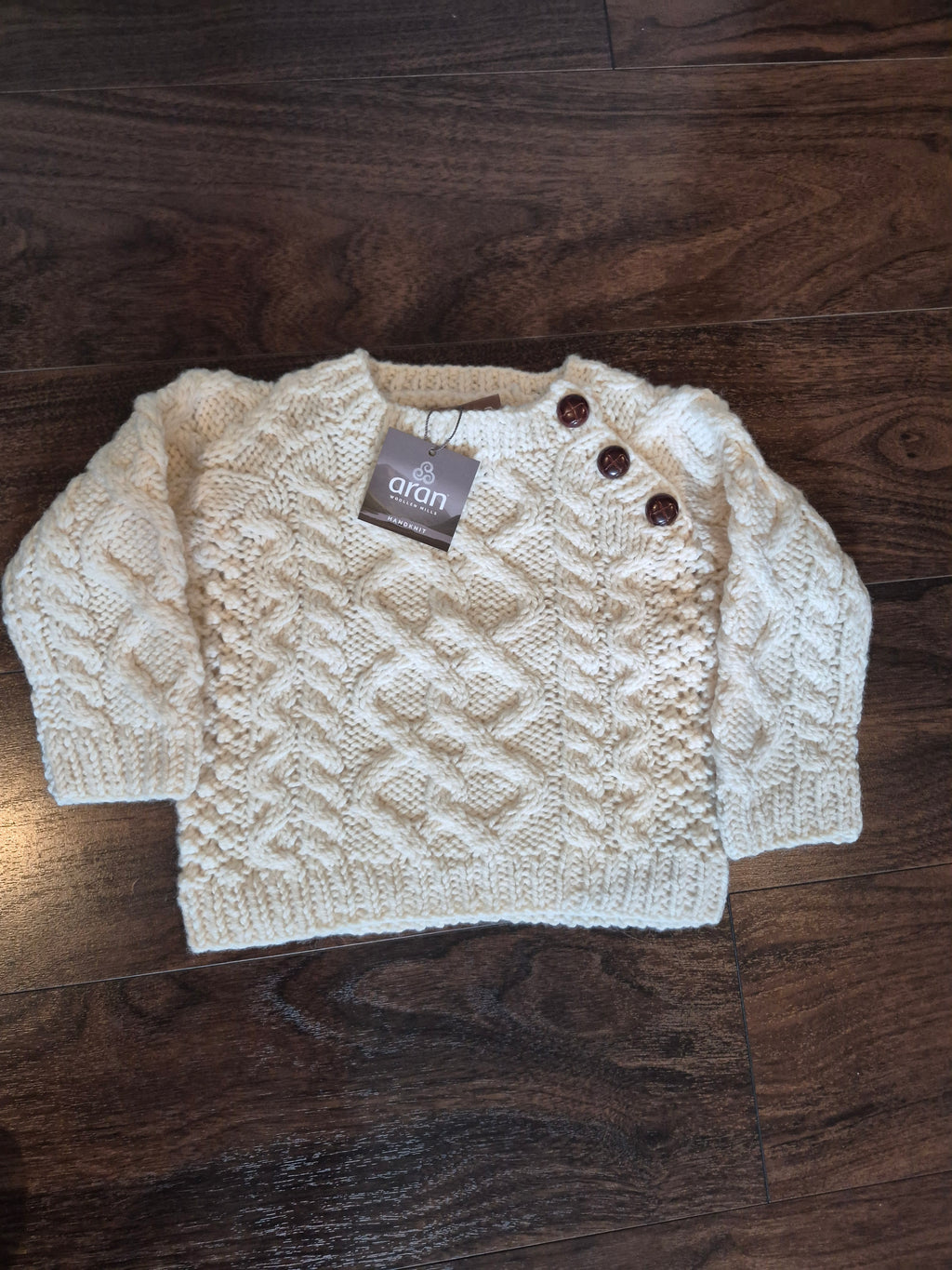 NWT Aran Woollen Mills Cream Cable Knit Baby Sweater Size 3-6m, 6-12m)
