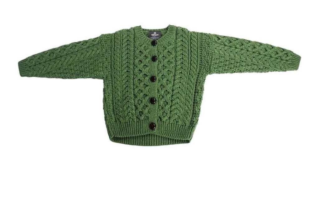 Carraig Donn Kids Merino Wool Aran Cardigan Green Size Medium (5-6 Years) NWT
