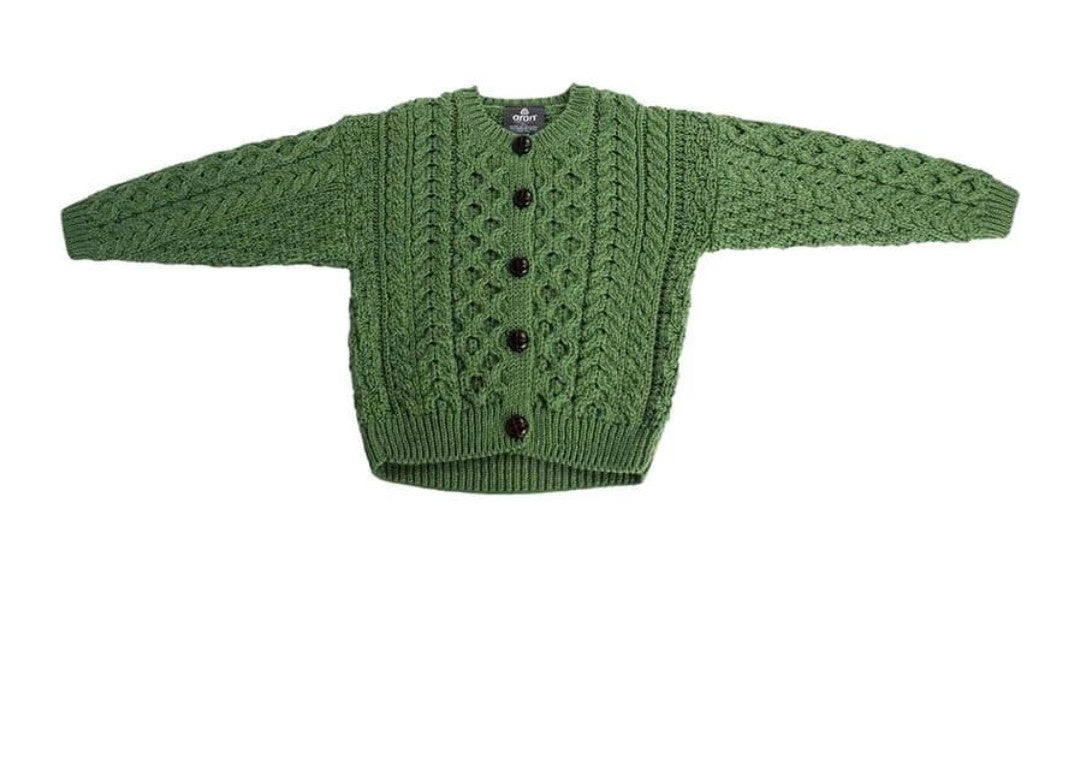 Carraig Donn Kids Merino Wool Aran Cardigan Green Size Medium (5-6 Years) NWT