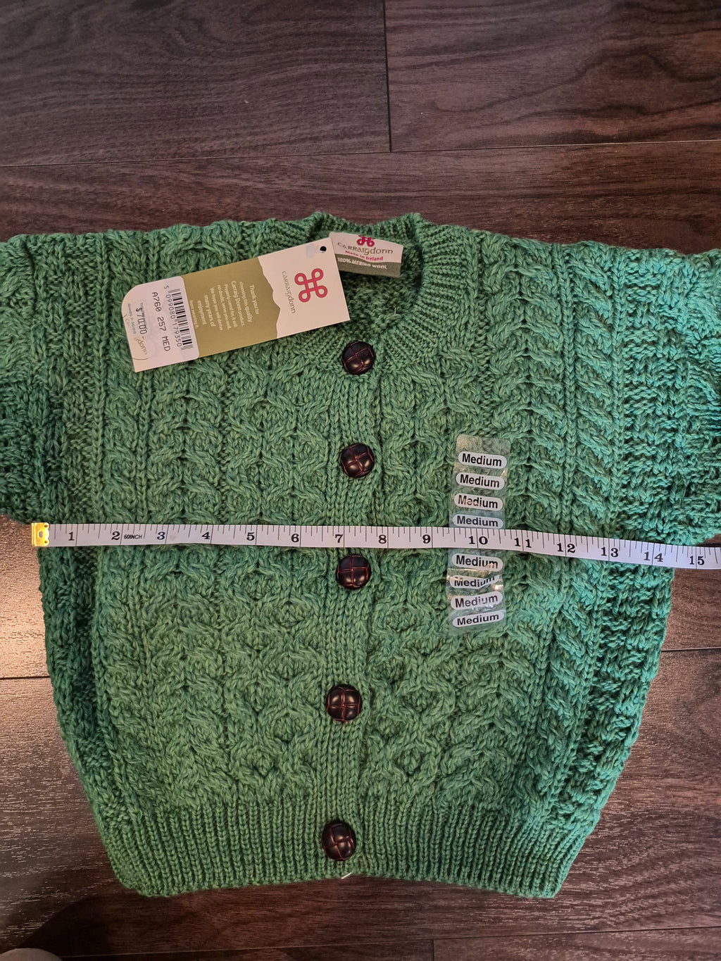 Carraig Donn Kids Merino Wool Aran Cardigan Green Size Medium (5-6 Years) NWT
