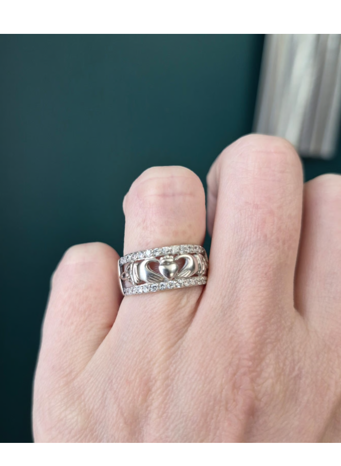Sterling Silver Claddagh & Trinity Knot Openwork Band — Size 7 — With CZ